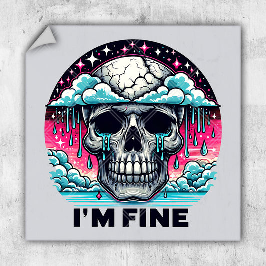 a sticker of a skull wearing a helmet with the words i'm fine