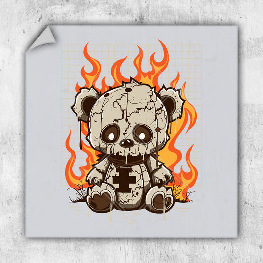 a picture of a teddy bear sitting in front of a fire