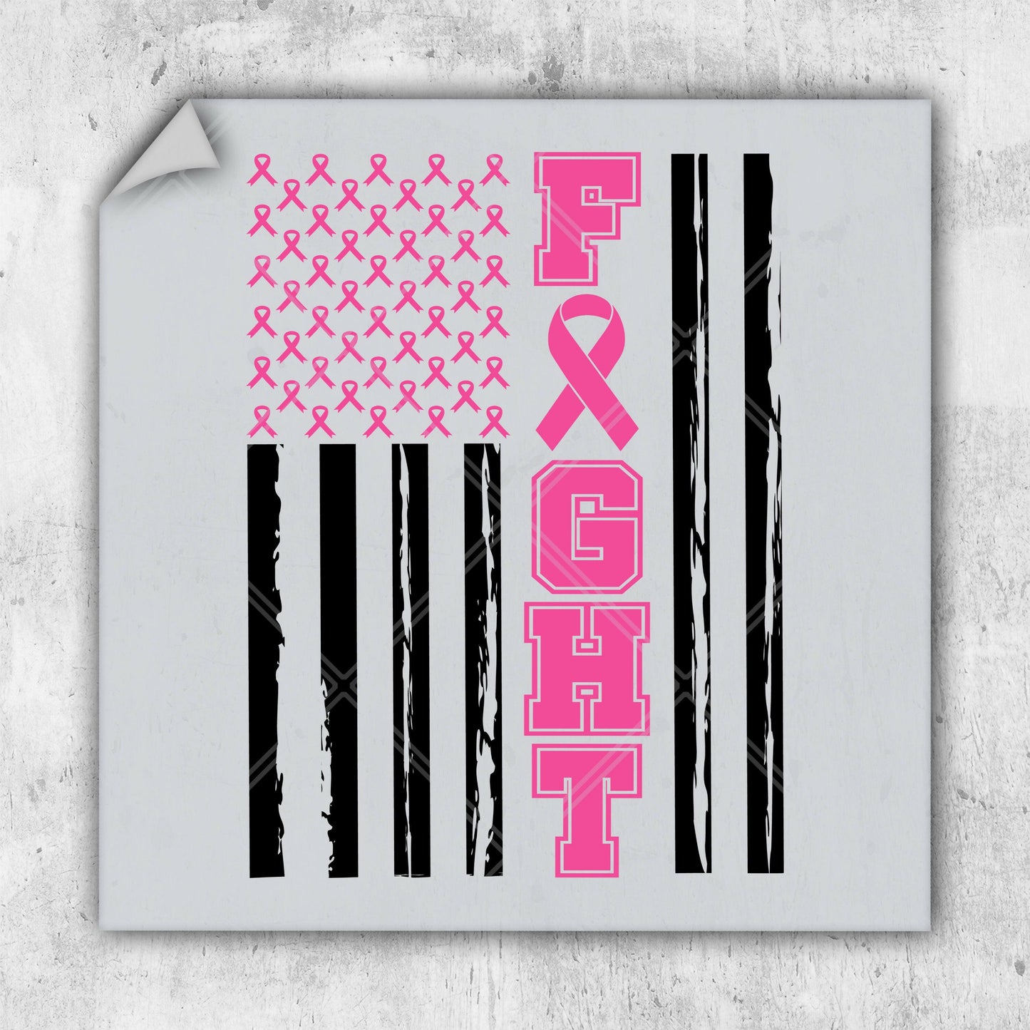 a sticker with a pink ribbon and an american flag