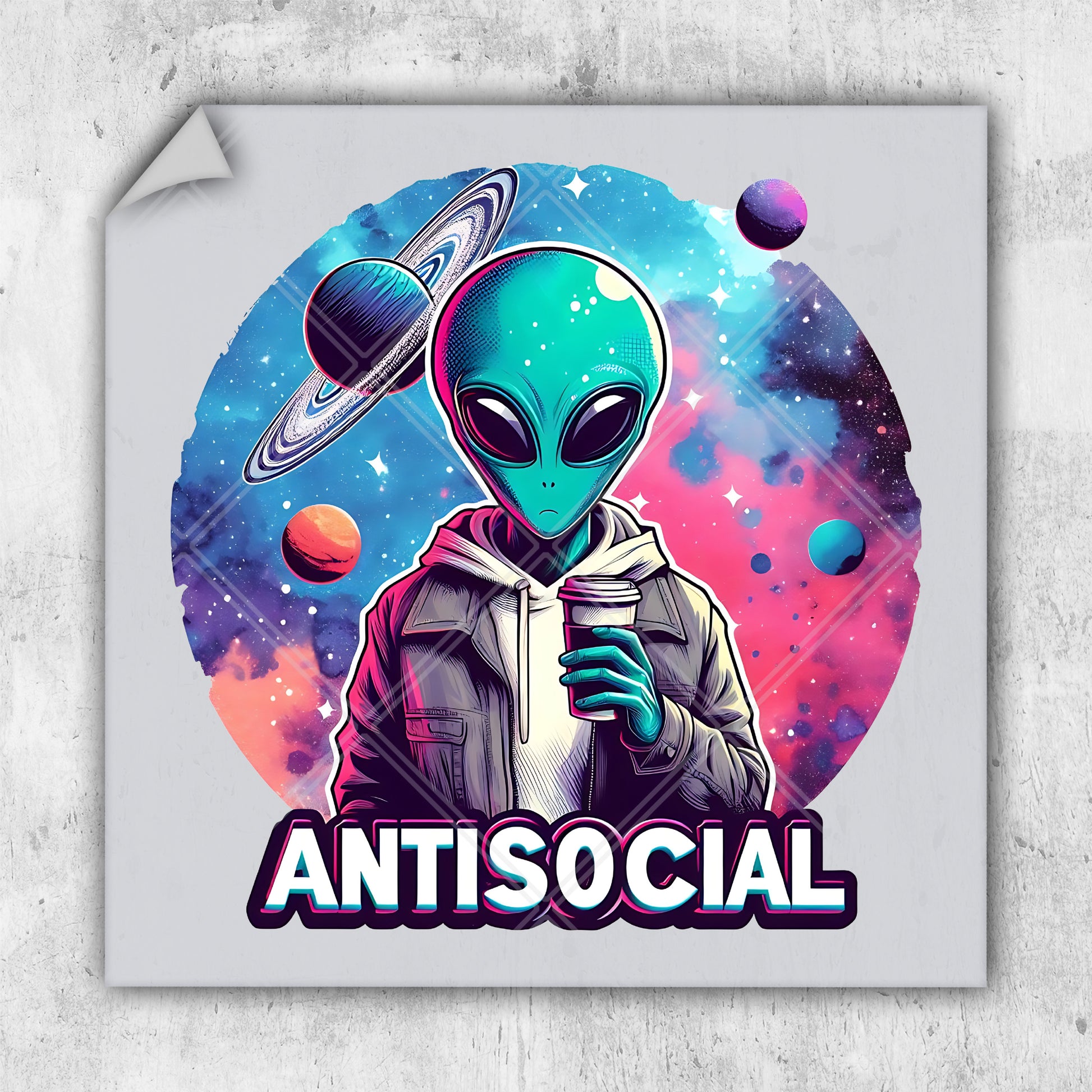 a sticker with an image of an alien holding a drink