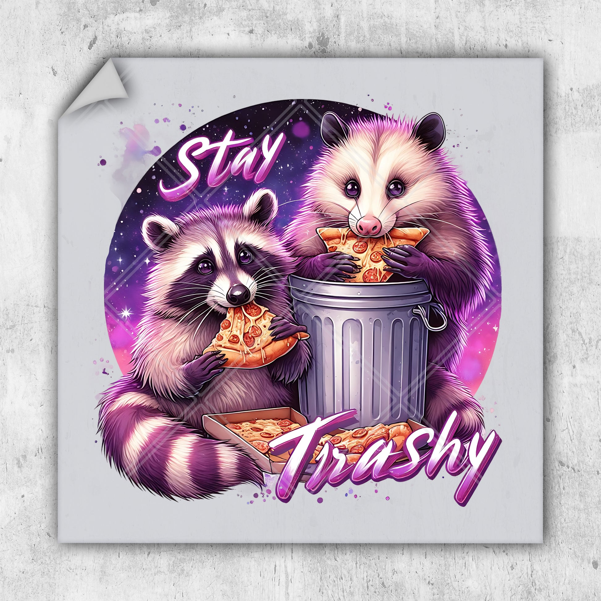 a couple of raccoons eating pizza out of a trash can