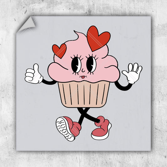 a sticker of a cupcake with hearts on it