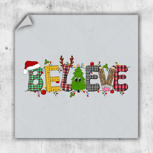 a picture of the word believe with a christmas theme