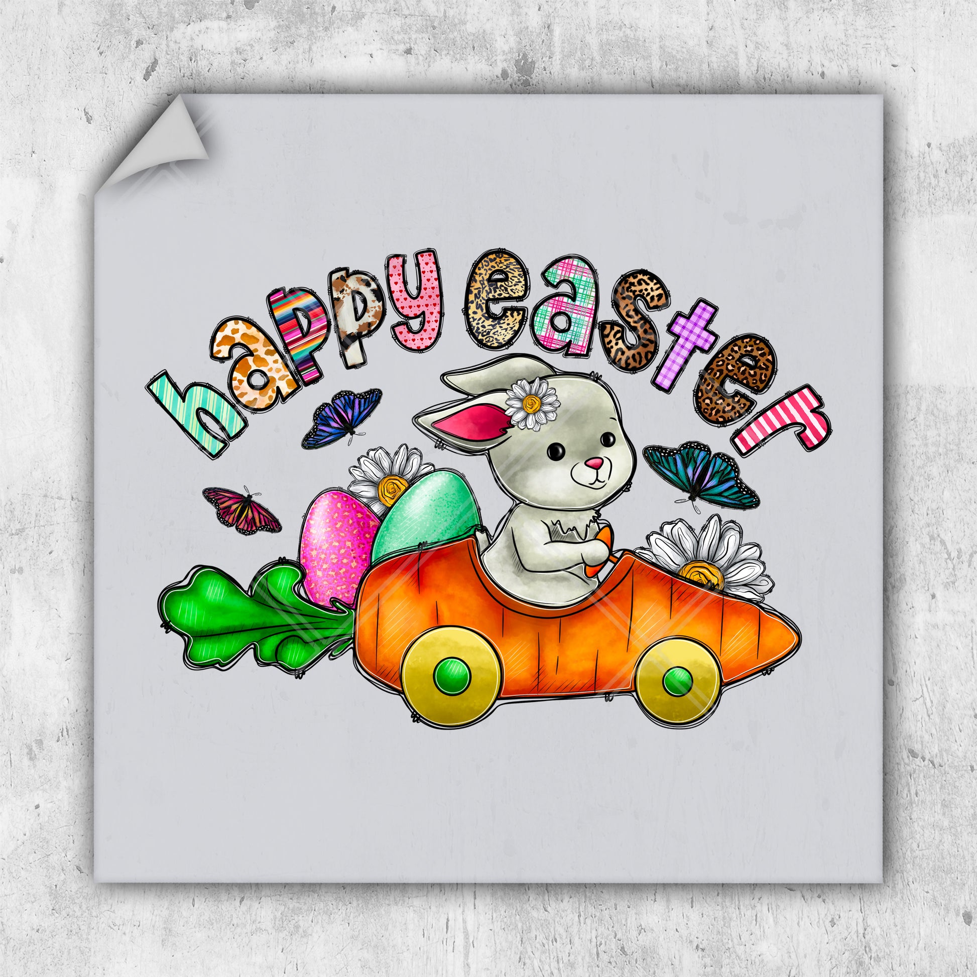 a happy easter bunny driving a carrot car