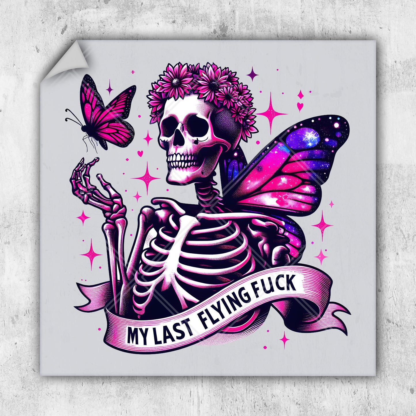 a sticker of a skeleton with a butterfly on it