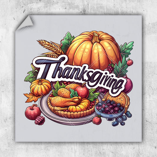 a thanksgiving card with a turkey and a plate of fruit