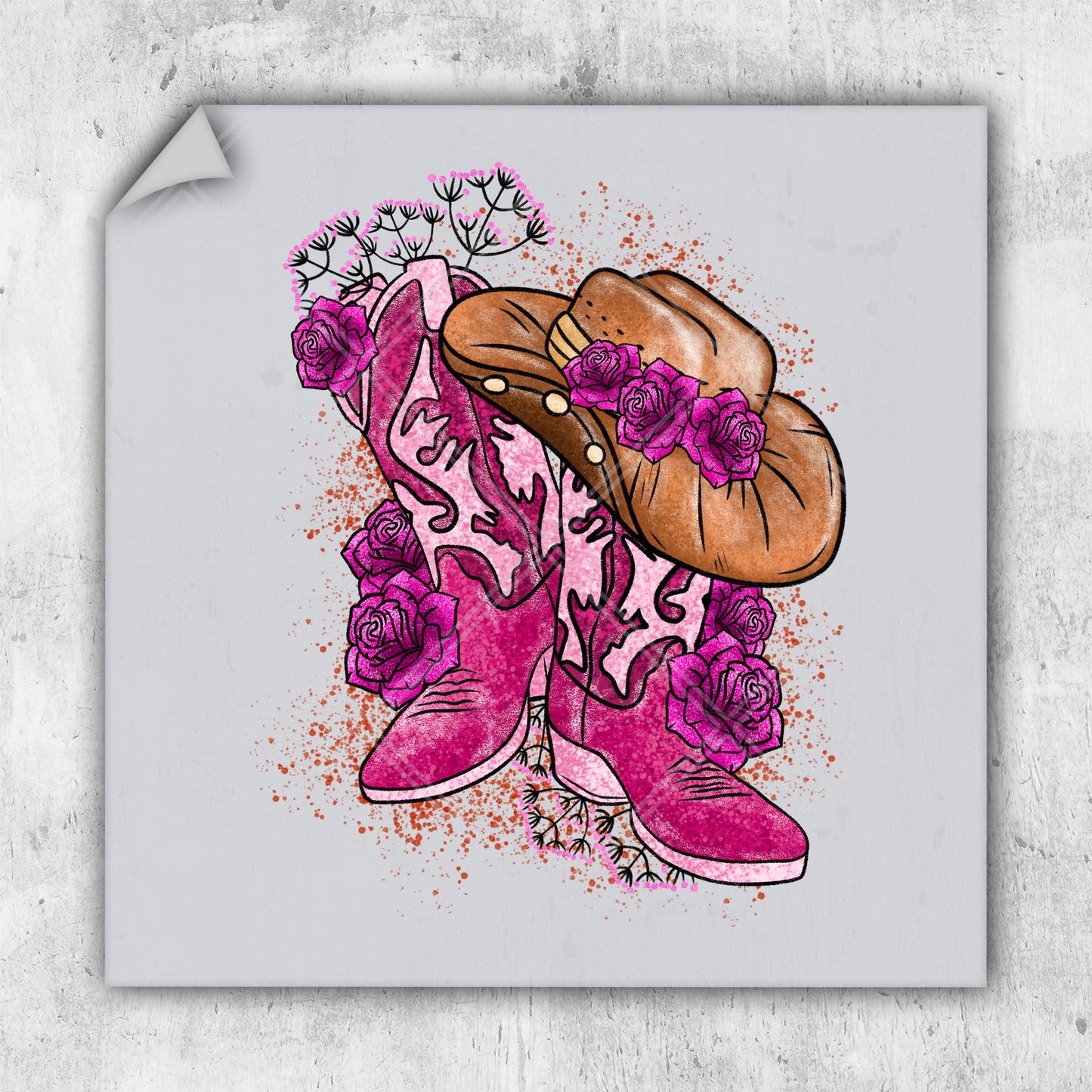 a drawing of a pair of pink boots with flowers on them