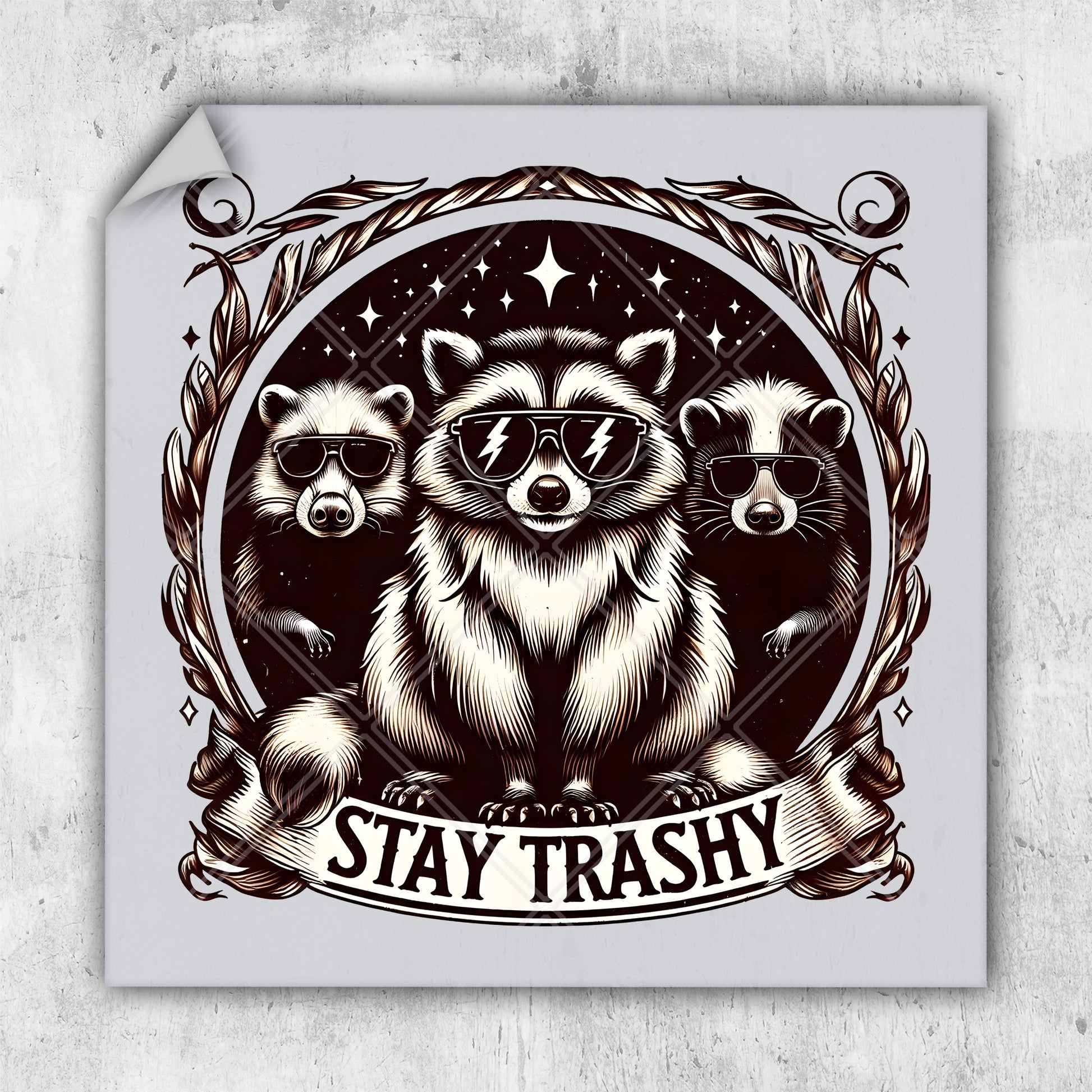 a sticker with a raccoon and two raccoons on it