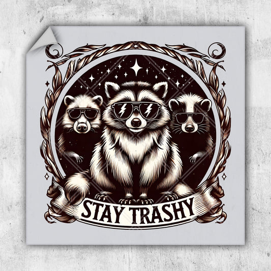 a sticker with a raccoon and two raccoons on it