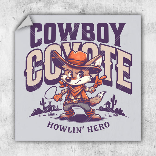 a sticker with a cartoon of a fox wearing a cowboy hat and holding a